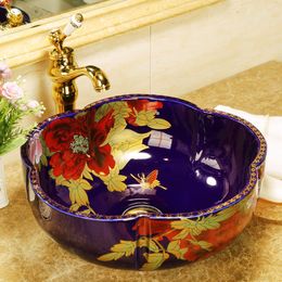 Flower Shape Europe style chinese Jingdezhen Art ceramic bathroom sink painted counter top art hand wash basingood qty