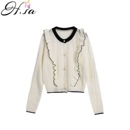 Autumn Fashion Sweater Cardigans Round neck Ruffles White Knit Jumpers Long Sleeve Vintage Chic Hollow Out 210430