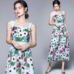 High Quality Summer fashion Elegant women Holiday Dress Spaghetti Strap Flower Print Vestidos 210531