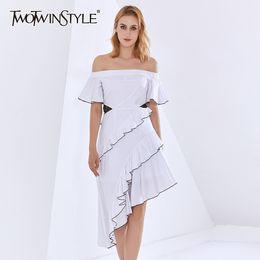 TWOTWINSTYLE Casual Dress For Women O Neck Three Quarter Sleeve Patchwork Ruffles Streetwear Lace Up White Dresses Female 210517