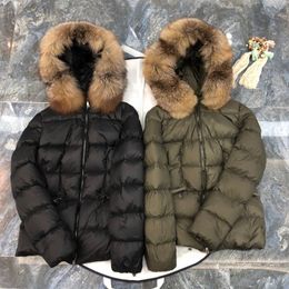 Women Fur Parkas Down Jacket Zipper Closure Pockets Belt Thick Warm Coat Classic Designer Woman Hood Winter Loose Long Outwear