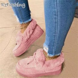 Boots 2021 Winter Women Casual Slip Fluffy Plus Velvet Platform Warm Female Snow Solid Colour Outdoor Fur Lady Flat Shoes