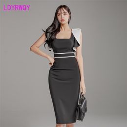 spring women's square collar waist was thin package hip dress Sleeveless Sheath Office Lady Polyester 210416