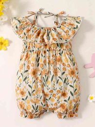 Baby Floral Print Tie Shoulder Ruffle Trim Romper SHE