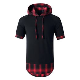 Plaid T Shirt Men Workout Casual Muscle Gym Patchwork T Shirts Mens Hooded Oversized Hip Hop Tee Shirt Summer Harajuku Tops 210524