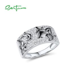 SANTUZZA Silver Rings For Women Pure 925 Sterling Sparkling White Cubic Zirconia Black Flowers Fashion Fine Jewelry 211217