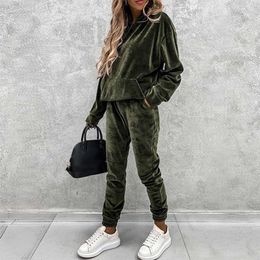 Velvet Solid Women Hoodie 2 Pieces Set Long Sleeve Pockets Hooded And High Waist Pants Female Matching Suit Autumn Loose Casual 210930