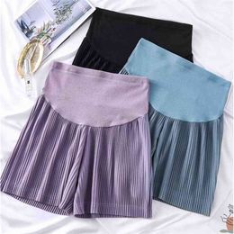 Summer Pleated Maternity Shorts High Waist Belly Wide Leg Loose Clothes for Pregnant Women Pregnancy Sleep Home Wear 210528