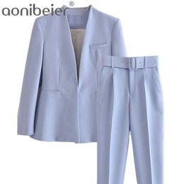 Aonibeier Za Woman Suit Pants OL Traf Blazer Jackets Elegant Coat Female 2 Piece Set Slim Outfits Belt Trousers Outwear 210930