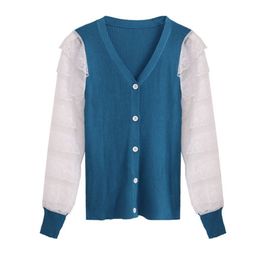 Women Blue White Knitted Patchwork Mesh Top Blouse V-neck Single-breasted Long Sleeve Shirt B0713 210514