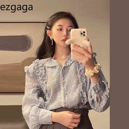 Ezgaga Sweet Vintage Korean Chic Lace Patchwork Blouse Women Floral Puff Sleeve Spring Summer Elegant Ladies Shirts Fashion 210430