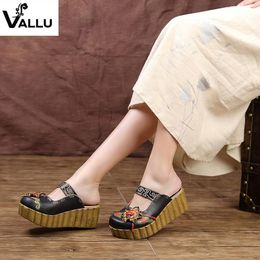 Summer Female Sandals Handmade Flower Fashion Slippers Ethnic Style Platform Genuine Leather Bohemian