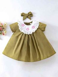 Baby Floral Embroidery Ruffle Trim Dress With Headband SHE