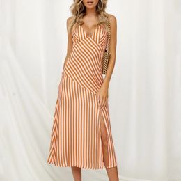 Striped Casual Midi Summer Women Split Holiday Boho Beach Dress Vestidos Sundress elegant slit 210415