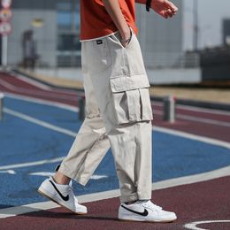 Khaki Pants Men Straight Fit Pockets Wide Leg Solid Colour Cargo Pants Work Trousers Male Mens Hip Hop Clothing