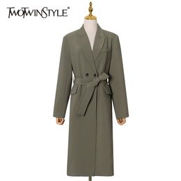 Korean Solid Windbreaker For Women Notched Long Sleeve High Waist With Sashes Back split Casual Trench Female Fall 210524