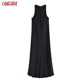 Women Black Tank Long Dress Sleeveless Button Fashion Lady Elegant Dresses Vestido QN90 210416