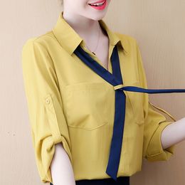 Blusas Mujer De Moda Bow V- Neck Office Blouse Ladies Tops Women Clothes Long Sleeve Blouse Women Chiffon Blouse Shirt C942 210426