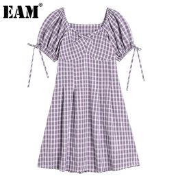 [EAM] Women Bow Bandage Pleated Plaid Dress Square Neck Puff Short Sleeve Loose Fit Fashion Spring Summer 1DD8360 21512