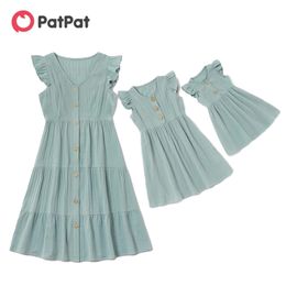 Arrival Summer Cotton Solid Ruffle Matching Dresses Outfits Mommy and Me Mother Children's Clothing 210528