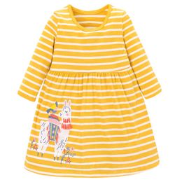 Jumping Metres Alpaca Applique Stripe Princess Cotton Girls Dress Baby Costume Long Sleeve Kids School 210529