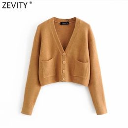 Women Fashion V Neck Pockets Decoration Solid Leisure Knitting Sweater Femme Chic Long Sleeve Casual Cardigans Tops S633 210420