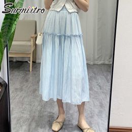 SURMIITRO Summer Fashion Laciness Midi Long Skirt Women Korean Style Blue High Waist Mid-Length Pleated Skirt Female 210712