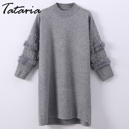 Womens Pearl Sweater Beading Long Sleeve Knnited Dress Feminino Pullover For Women Rabbit Fur Tops Woman 210514