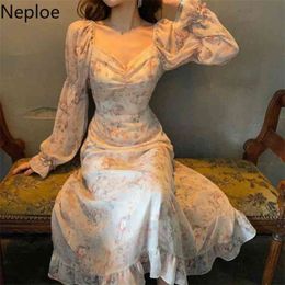 Neploe Floral Print Dress Women Sexy V Neck Puff Sleeve Ladies Vestidos Summer Elegant Slim Waist Female Dresses 1B110 210409