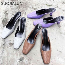 SUOJIALUN 2021 Spring Women Slipper Square Toe Slip On Mules Sandals High Quality Thin High Heel Slides Ladies Dress Shoes C0330