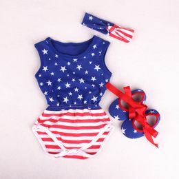 USA Flag Baby Bodysuits Shoe Hairband Suit Newborn Jumpsuits Clothes Set Cotton Summer Boy Outfits Sleeveless Shirts Star 0-2Y 210413