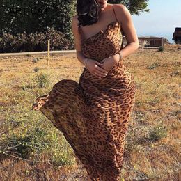 Sexy V Neck Leopard Party Dress Women Spaghetti Strap Backless Slim Maxi Summer Chiffon Long Beach Dresses Vestidos