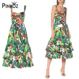 runway designer green tropical flower prined spaghetti strap summer midi dress party beach holiday chic dresses robe 210421