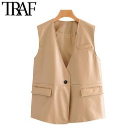 TRAF Women Fashion Single Button Faux Leather Waistcoat Vintage V Neck Sleeveless Loose Female Vest Outerwear Chic Tops 210415