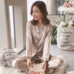 Women Pyjamas Sets Quality Sexy Navy Satin Ice Silk Noble Sleepwear Korea Sweet Long Sleeve Trousers Pyjamas Women Q0706