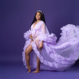 Lavender Maternity Tulle Evening Dresses Women Puffy Sleepwear Long Formal Party Robe With Belt Photo Shoot Custom Made