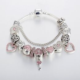 High quality Strands bracelet with English lettering beaded DIY alloy heart set diamond key pendant