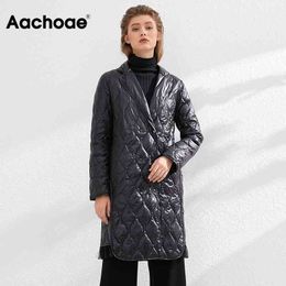 Aachoae Chic Winter Women Ultra Light Puffer Jacket Duck Down Long Coat Female Lace Patchwork Parkas Double Breasted Outerwear 210413