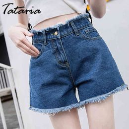 Tataria Summer Shorts Women High Waist Denim Female Wide Leg Vintage Loose Burr Jeans Skirts Harem Short Pants 210514