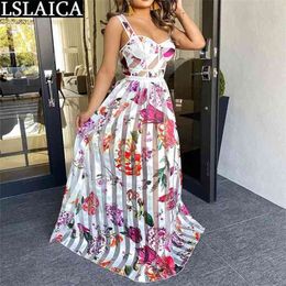 Dress Women Summer High Waist Flower Print Fashion Long Boho Beach Holiday Party Club Casual Elegant Woman 210515