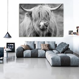 Modern Gray Mountain Cow Painting Canvas Art Abstract Animal Poster Wall Picture HD Print For Living Room Home Decor No Frame
