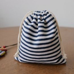 Navy Stripe Linen Drawstring Pouches 9x12cm 10x15cm pack of 50 Party Candy Blue Sack Jewellery Cotton Gift Packaging bag