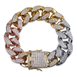 Men's Gold Silver Tennis Plated Tricolour Iced Out Cubic Zircon Cuban Link Chain Bracelet Hip Hop Jewellery Gifts for Family Friend