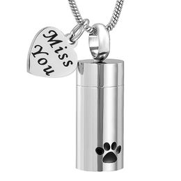 Pendant Necklaces Pet Cylinder Cremation Urn With "Miss You" Heart Charm Memorial Urns Nceklace For Dog Cat Keepsake Jewellery