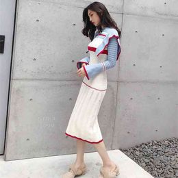 Women Turtleneck Collar Knitted Sheath Dress Autumn Winter Blue Patchwork Ruffles Bodycon Mermaid Warm Sweater 210514