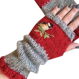 Warm Stitching Bird Embroidered Gloves Knitted Fingerless Winter Block Splice Mittens Female Gloves1