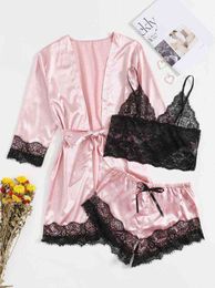 lace pocket charming women's Pink imitation silk fun Pyjamas 211203