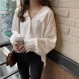 Korean Solid Color Autumn Loose Long Sleeve Plain Doll Collar Blusas Femininas Elegante Women Blouse Shirt Top 104D 210420