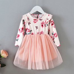 European And American Style Spring Autumn Girl Dress Children's Flowers Long-Sleeved Mesh Princess Skirt Baby GirlsClo 210515