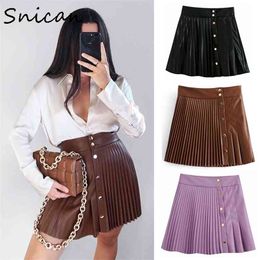 snican solid pu leather skirt high waist buttons sexy mini pleated Asymmetrical fashion faldas cortas za women autumn 210629